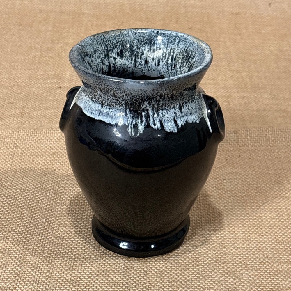 Vintage Drip Glaze Pottery Vase Black White Frothy Lava Mid Century Modern Urn